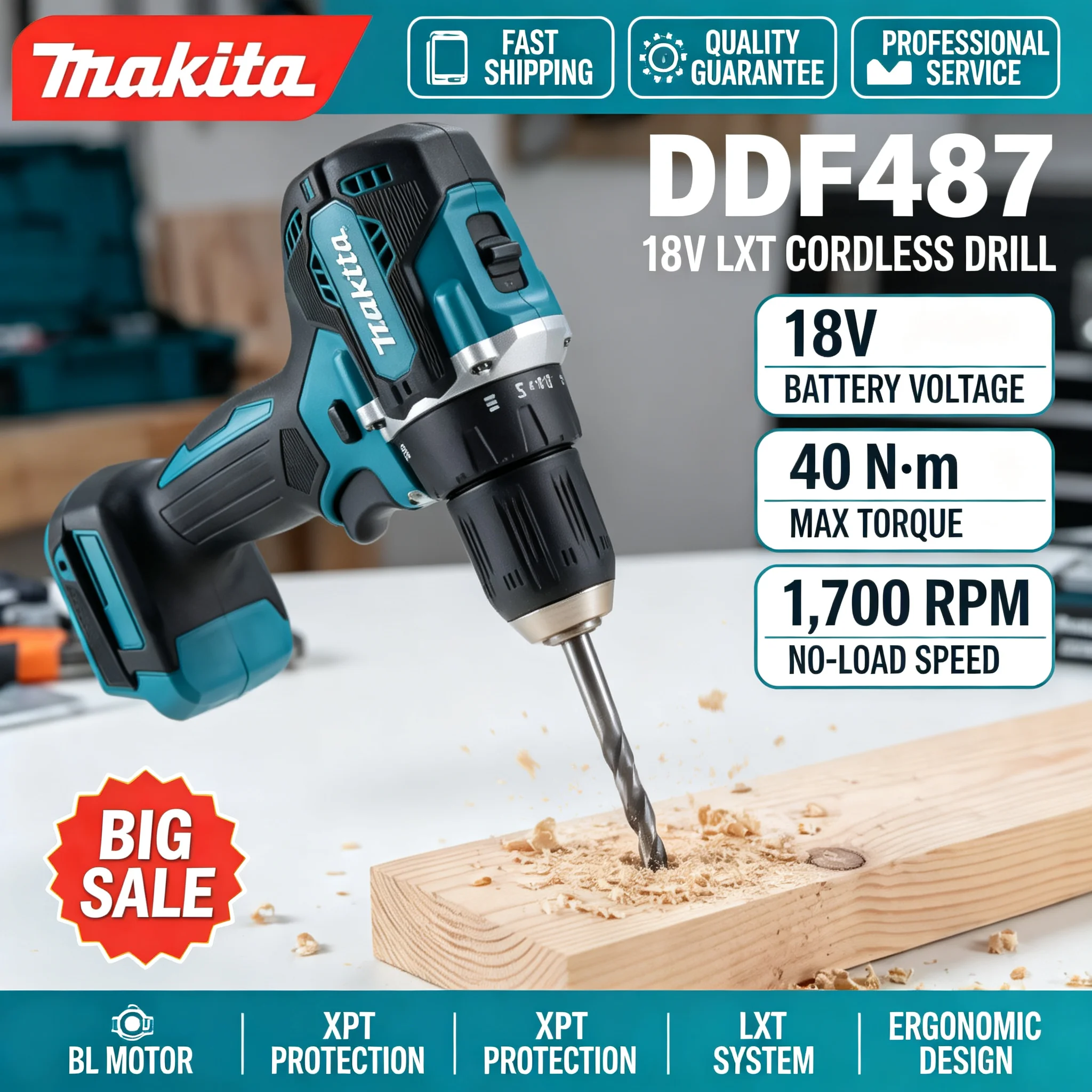 Brushless Cordless Electric Drill 18V - Makita DDF487, аккумуляторная бесщеточная дрель 18